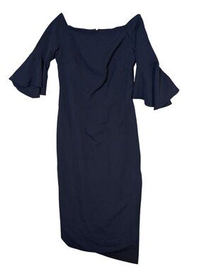 Off-Shoulder Navy Blue Dress With Ruffled Sleeves Size 12 By Cachet Polyester Bl